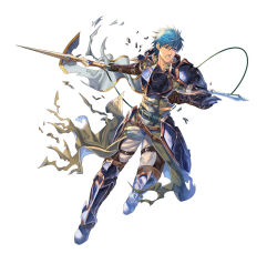 Rule 34 | 1boy, armor, blue eyes, blue hair, breastplate, clenched teeth, fire emblem, fire emblem: radiant dawn, fire emblem heroes, geoffrey (fire emblem), holding, holding polearm, holding weapon, leg armor, male focus, nintendo, official art, polearm, polearm behind back, solo, teeth, torn clothes, weapon, white background