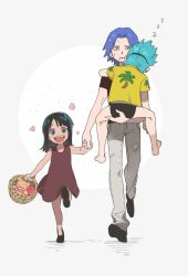 Rule 34 | 1girl, 2boys, :d, aged down, apple, bare arms, bare legs, bare shoulders, basket, black hair, black shirt, black shorts, blue eyes, blue hair, blush, carrying, child, closed mouth, commentary request, dress, flower (symbol), food, franky (one piece), frown, fruit, full body, grey background, grey pants, head tilt, highres, holding, holding basket, holding hands, iceburg, looking at viewer, medium hair, multiple boys, nico robin, one piece, open mouth, pants, parted bangs, print shirt, qin (7833198), red dress, red footwear, sanpaku, shirt, shoes, short hair, short sleeves, shorts, sidelocks, simple background, sleeping, sleeveless, sleeveless dress, smile, standing, stuffed animal, stuffed toy, sweat, tareme, teddy bear, teeth, two-tone background, upper teeth only, walking, white background, yellow shirt, zzz