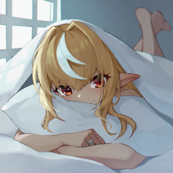 Rule 34 | 1girl, absurdres, bare shoulders, barefoot, bed, bed sheet, blonde hair, dark-skinned female, dark elf, dark skin, dre, elf, feet up, hair between eyes, highres, hololive, jewelry, long hair, looking at viewer, lying, multicolored hair, hugging object, on bed, on stomach, pillow, pillow hug, pointy ears, red eyes, ring, shiranui flare, smile, solo, streaked hair, sunlight, the pose, under covers, virtual youtuber, window