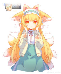 Rule 34 | 1girl, absurdres, animal ears, aqua hairband, aqua skirt, arknights, blonde hair, blush, cardigan, cat ears, chinese commentary, claw pose, colorized, commentary request, cross-laced clothes, cross-laced skirt, cross-laced slit, fake animal ears, fox ears, fox girl, fox tail, frilled hairband, frills, hair ornament, hair scrunchie, hairband, hands up, high-waist skirt, highres, kitsune, kyuubi, long hair, long sleeves, looking at viewer, multicolored hair, multiple tails, neck ribbon, official alternate costume, open cardigan, open clothes, orange eyes, parted lips, puffy long sleeves, puffy sleeves, red ribbon, ribbon, scrunchie, shirt, simple background, skirt, solo, straight-on, straight hair, suzuiro (chocolatte), suzuran (arknights), suzuran (spring praise) (arknights), tail, two-tone hair, white background, white hair, white shirt, yellow cardigan