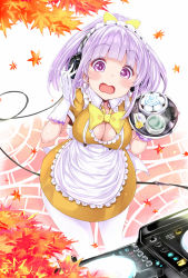 Rule 34 | 1girl, apron, autumn leaves, blush, bow, breasts, bulbonne, cleavage, cleavage cutout, clothing cutout, collared dress, commentary request, day, dress, earrings, flower, food, frilled apron, frills, gloves, green tea, hair bow, hand on headphones, headphones, high ponytail, highres, jewelry, large breasts, leaf, long hair, looking at viewer, maid, maid headdress, maple leaf, open mouth, original, outdoors, ponytail, puffy short sleeves, puffy sleeves, purple eyes, purple hair, revision, rose, short sleeves, solo, spoon, steam, tea, tray, waist apron, white apron, white background, white gloves, yellow bow, yellow dress, yellow flower, yellow rose