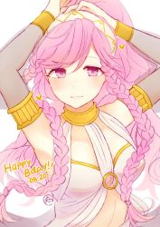 Rule 34 | 1girl, aftergardens, armlet, arms up, braid, closed mouth, fire emblem, fire emblem awakening, hairband, happy birthday, high ponytail, long hair, nintendo, olivia (fire emblem), pink eyes, pink hair, simple background, solo, twin braids, white background