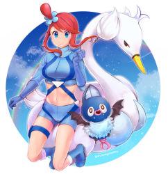 Rule 34 | 1girl, blue background, blue footwear, blue gloves, blue shorts, breasts, creatures (company), crop top, elbow gloves, floating hair, fukaya miku, game freak, gen 5 pokemon, gloves, gym leader, holster, looking at viewer, medium breasts, midriff, navel, nintendo, outside border, pokemon, pokemon (creature), pokemon bw, pouch, red hair, round image, short hair with long locks, short shorts, shorts, sidelocks, skyla (pokemon), stomach, swanna, swoobat, thigh holster, thigh pouch, thigh strap, twitter username