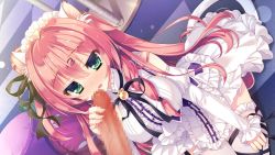 Rule 34 | 1girl, :o, animal ears, bare shoulders, black bow, black bowtie, black ribbon, blush, bow, bowtie, braid, breasts, buttons, cat ears, cat tail, censored, center opening, checkered floor, detached sleeves, dress, dutch angle, eyebrows, frilled dress, frills, game cg, green eyes, hair ribbon, handjob, juliet sleeves, kemonomimi mode, large breasts, long sleeves, looking at viewer, mosaic censoring, nae-nae, nekohana korone, nekohara korone, nose blush, parted lips, penis, pink hair, puffy sleeves, ribbon, single braid, sitting, sleeveless, sleeveless dress, solo focus, stool, table, tail, tareme, wan nyan a la mode!, white dress