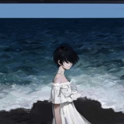 Rule 34 | 1girl, androgynous, beach, black hair, closed mouth, day, dress, freng, hair over eyes, ocean, off shoulder, original, outdoors, pale skin, short hair, sky, solo, water, waves, white dress