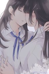 Rule 34 | 2girls, bad id, bad pixiv id, black hair, blouse, blue ribbon, brown hair, closed eyes, collared shirt, commentary request, dated, eyelashes, facing another, from behind, hair ornament, hairclip, highres, holding hands, imminent kiss, interlocked fingers, kiss, long hair, multiple girls, neck ribbon, original, parted lips, ribbon, saki hajime, shirt, simple background, twitter username, upper body, white background, white shirt, wing collar, yuri