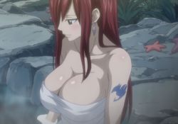 Rule 34 | 1girl, bath, blush, breasts, brown eyes, cleavage, erza scarlet, fairy tail, female focus, large breasts, long hair, red hair, screencap, solo, stitched, tattoo, third-party edit, towel, water