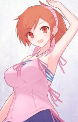 Rule 34 | 1girl, armpits, bandana, blush, breasts, camisole, devil survivor, jewelry, large breasts, looking at viewer, necklace, open mouth, orange hair, ribbon, short hair, simple background, skirt, smile, solo, star (symbol), suta (clusta), tanigawa yuzu, white background