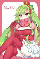 Rule 34 | 1girl, blush, breasts, cleavage, cleavage cutout, clothing cutout, creatures (company), crown, elbow gloves, game freak, gen 7 pokemon, gloves, green hair, hairband, highres, crossed legs, long hair, nintendo, ougi hina, personification, pokedex number, pokemon, red eyes, red gloves, red hairband, ribbed sweater, simple background, sitting, solo, sweater, thighhighs, tsareena, very long hair