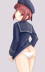 Rule 34 | 10s, 1girl, ass, blush, brown eyes, brown hair, butt crack, clothes writing, from behind, hat, highres, ipuu (el-ane koubou), kantai collection, looking at viewer, looking back, panties, shirt tug, short hair, solo, underwear, z3 max schultz (kancolle)
