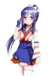 Rule 34 | 1girl, blue hair, blush, gloves, highres, japanese clothes, kimono, long hair, love live!, love live! school idol festival, love live! sunshine!!, matsuura kanan, ponytail, purple eyes, single glove, smile, yukata