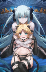 Rule 34 | 2girls, animal ears, bare shoulders, blonde hair, blue eyes, blue hair, blush, bow, breasts, bridal gauntlets, fate (series), fishnet gloves, fishnets, garter straps, gloves, green eyes, hair bow, highres, kemonomimi mode, long hair, looking at viewer, mordred (fate), morgan le fay (fate), mother and daughter, multiple girls, navel, open mouth, sidelocks, small breasts, tail, thighhighs, thighs, tonee