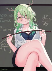 Rule 34 | 1girl, absurdres, alternate costume, antlers, artist name, black-framed eyewear, blue bra, blush, bra, braid, braided bangs, breasts, ceres fauna, chalkboard, cleavage, collared shirt, commentary, crossed legs, english commentary, fingernails, flower, glasses, green hair, green nails, hair flower, hair ornament, hair over one eye, head tilt, highres, holding, holding pointer, hololive, hololive english, horns, indoors, large breasts, leaf, long hair, looking at viewer, math, miiruel, mole, mole under eye, nail polish, on table, partially unbuttoned, pointer, shirt, sidelighting, sitting, smile, solo, table, teacher, thighs, underwear, virtual youtuber, white flower, white shirt, yellow eyes