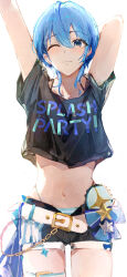 Rule 34 | 1girl, absurdres, arm behind head, arms up, belt, bikini under shorts, black shirt, blue eyes, blue hair, chain, closed mouth, highres, hololive, hololive summer 2023 swimsuit, hoshimachi suisei, official alternate costume, official alternate hair length, official alternate hairstyle, one eye closed, open fly, outstretched arm, print shirt, shirt, short hair, short shorts, shorts, simple background, solo, star (symbol), star in eye, symbol in eye, virgo76612871, virtual youtuber, white background, white belt