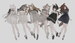 Rule 34 | 6+girls, animal ear fluff, animal ears, arms at sides, bare arms, bare shoulders, black choker, black dress, black footwear, black hair, black socks, blue eyes, blunt bangs, bob cut, bow, bow choker, braid, braided ponytail, cat ears, cat girl, cat tail, checkered clothes, checkered dress, choker, collarbone, commentary, dress, expressionless, floating, floating hair, footwear bow, frilled dress, frilled socks, frills, full body, green eyes, grey background, grey dress, grey eyes, grey footwear, grey hair, hair ribbon, half-closed eyes, hand on own chest, hand up, highres, knees together feet apart, loafers, long hair, looking at viewer, low ponytail, medium hair, multiple girls, nekosuke (oxo), original, own hands clasped, own hands together, parted lips, plaid, plaid dress, red eyes, ribbon, sandals, shoes, short hair, simple background, single braid, skirt hold, sleeveless, sleeveless dress, socks, spaghetti strap, strap slip, tail, twin braids, wavy hair, white dress, white footwear, white hair, white socks, yellow eyes