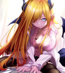 Rule 34 | 1girl, 1other, ambiguous gender, black skirt, black thighhighs, blonde hair, blouse, blue eyes, breast tattoo, breasts, cleavage, coat, demon girl, demon horns, demon tail, demon wings, fenrir (fenlil0316), frilled shirt, frills, garter straps, highres, hololive, horns, large breasts, long hair, miniskirt, nail polish, off-shoulder coat, off shoulder, one eye closed, panties, pantyshot, pink nails, pink shirt, pointy ears, red panties, shirt, sitting, sitting on person, skirt, sleeveless, sleeveless shirt, tail, tattoo, thighhighs, tongue, tongue out, underwear, virtual youtuber, wings, yuzuki choco, yuzuki choco (1st costume)