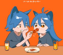 Rule 34 | 1boy, 1girl, :t, animal ear fluff, animal ears, antenna hair, artist name, bad id, bad pixiv id, blue hair, blush, brother and sister, cat ears, cup, drink, drinking glass, eating, elbow rest, eye contact, eyes visible through hair, food, food in mouth, grey shirt, hair between eyes, hand up, head rest, holding, holding food, jitome, long hair, looking at another, looking to the side, lowres, meat, mouth hold, niwabuki, no nose, off-shoulder shirt, off shoulder, orange background, orange eyes, original, plate, satonaka (niwabuki), satonaka ruka, shirt, short sleeves, siblings, signature, skewer, table, tareme