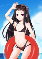 Rule 34 | 1girl, ar tonelico, ar tonelico ii, black hair, cloud, flat chest, goggles, goggles on head, holding, holding swim ring, innertube, inumori sayaka, jakuri (ar tonelico), long hair, looking at viewer, navel, ocean, open mouth, purple eyes, sky, solo, swim ring, swimsuit