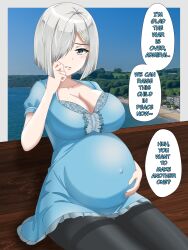 Rule 34 | 1girl, absurdres, bench, big belly, black pantyhose, blue eyes, blue shirt, blush, breasts, cleavage, collarbone, commentary, english commentary, english text, grey hair, hair ornament, hair over one eye, hairclip, hama (zarulzaharudin), hamakaze (kancolle), hand on own stomach, highres, kantai collection, looking at viewer, medium breasts, one eye covered, pantyhose, parted lips, pregnant, shirt, short hair, sitting, solo, speech bubble