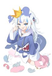 Rule 34 | 1girl, absurdres, animal costume, blue eyes, blue hair, blue hoodie, bright pupils, crown, fins, fish tail, flag, gawr gura, gawr gura (1st costume), hair ornament, highres, hololive, hololive english, hood, hood down, hoodie, long hair, multicolored hair, open mouth, shark costume, shark hair ornament, sidelocks, simple background, streaked hair, tail, virtual youtuber, wep16night, whale, white background, white flag, white hair, white pupils