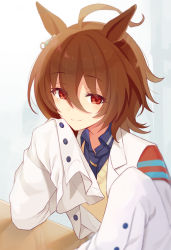 Rule 34 | 1girl, agnes tachyon (umamusume), ahoge, animal ears, armband, barufoa, blue shirt, brown hair, buttons, coat, commentary, desk, ear tag, hand on own chin, horse ears, horse girl, indoors, lab coat, red eyes, shirt, short hair, simple background, smile, solo, sweater, umamusume, upper body, white background, white coat, yellow sweater