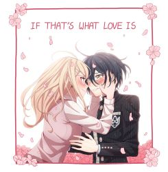 Rule 34 | 1boy, 1girl, ahoge, akamatsu kaede, black hair, black jacket, blonde hair, blush, breasts, brown eyes, cheer (cheerpuppy14), cherry blossoms, commentary, couple, danganronpa (series), danganronpa v3: killing harmony, english commentary, english text, eye contact, floating hair, fortissimo, from side, hair ornament, hands on another&#039;s face, highres, jacket, large breasts, long hair, long sleeves, looking at another, musical note, musical note hair ornament, petals, pink vest, saihara shuichi, shirt, short hair, smile, striped clothes, striped jacket, tears, teeth, upper body, vest, white shirt