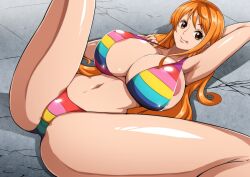 Rule 34 | 1girl, areola slip, arm behind head, armpits, bikini, breasts, brown eyes, cleavage, huge breasts, large breasts, legs, long hair, long legs, lying, nami (one piece), one piece, orange hair, qdoujin (pixiv44648813), smile, spread legs, swimsuit, thighs, tongue, tongue out