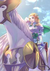 Rule 34 | 1girl, armor, blonde hair, breastplate, breasts, closed mouth, day, fire emblem, fire emblem: three houses, flying, fur collar, green eyes, highres, ingrid brandl galatea, long sleeves, looking at viewer, nintendo, outdoors, pegasus, riding, riou (pooh920), short hair, sky, smile, solo