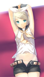 Rule 34 | 1girl, armpits, arms up, bad id, bad pixiv id, belt, blonde hair, blue eyes, chobin, female focus, hair ribbon, kagamine rin, midriff, open belt, open fly, panties, ribbon, short hair, shorts, solo, striped clothes, striped panties, swept bangs, unbuckled, underwear, unzipped, vocaloid, zipper