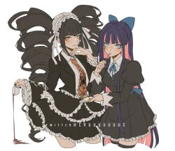 Rule 34 | 2girls, artist name, black nails, black thighhighs, bonnet, brown hair, celestia ludenberg, criis-chan, cup, danganronpa: trigger happy havoc, danganronpa (series), dress, drill hair, earrings, food, frilled dress, frilled skirt, frills, gothic lolita, holding, holding cup, holding plate, holding utensil, jacket, jewelry, layered skirt, lolita fashion, long hair, long sleeves, looking at viewer, multiple girls, nail polish, necktie, panty &amp; stocking with garterbelt, plate, red eyes, red necktie, shirt, simple background, skirt, smile, spilling, stocking (psg), thighhighs, twin drills, twintails, utensil in mouth, white background, zettai ryouiki