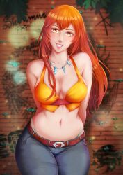 Rule 34 | 1girl, arms behind back, bare shoulders, blush, breasts, cleavage, curvy, denim, highres, jewelry, joy (shenmue), large breasts, long hair, navel, necklace, orange eyes, orange hair, red draws, sega, shenmue, shenmue ii, sidelocks, smile, thick thighs, thighs, thong, wide hips
