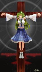Rule 34 | 1girl, absurdres, arm ribbon, artist name, backlighting, bad id, bad pixiv id, black background, blue skirt, breasts, commentary request, cross, crucifixion, detached sleeves, emphasis lines, frog hair ornament, gradient background, green eyes, green hair, hair ornament, hair tubes, highres, kochiya sanae, large breasts, light, light particles, long hair, long skirt, looking at viewer, matching hair/eyes, midriff, natsu hime, navel, no shoes, ribbon, rope, sad, serious, skirt, sleeveless, snake hair ornament, socks, solo, touhou