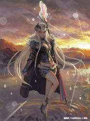 Rule 34 | 10s, 1girl, armor, blonde hair, blue eyes, breasts, cape, cleavage, glowing, high heels, horns, leg up, long hair, looking at viewer, midriff, mountain, navel, original, partially submerged, sandals, seisen cerberus, shorts, solo, staff, standing, standing on one leg, sunset, very long hair, wading, water, xiaji