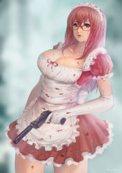 Rule 34 | 1girl, absurdres, artist name, beretta 92, blood, blood on breasts, blood on face, blood on clothes, blurry background, breasts, cleavage, collarbone, cowboy shot, dress, dutch angle, elbow gloves, expressionless, frilled dress, frills, glasses, gloves, gun, hair between eyes, hair over shoulder, handgun, highres, holding, holding gun, holding weapon, kuon (kwonchanji), large breasts, lips, long hair, looking at viewer, looking to the side, maid, nose, original, pink dress, pink hair, pistol, purple eyes, red-framed eyewear, ribbon, short dress, short sleeves, solo, suppressor, thighs, weapon, white gloves