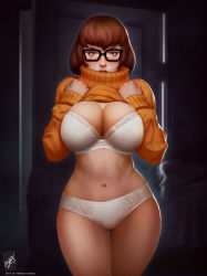 Rule 34 | 1girl, breasts, cleavage, clothes lift, glasses, highres, looking at viewer, panties, scooby-doo, sweater, sweater lift, themaestronoob, underwear, velma dace dinkley