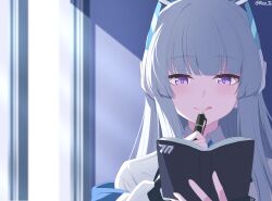 Rule 34 | 1girl, :q, blue archive, blunt bangs, book, commentary, highres, holding, holding book, holding pen, long hair, noa (blue archive), pen, purple eyes, reia 76, shirt, tongue, tongue out, twitter username, upper body, white hair, white shirt