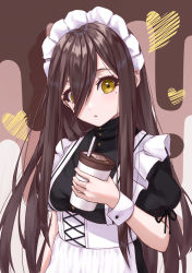Rule 34 | 1girl, apron, blush, brown hair, cup, disposable cup, drink, highres, holding, holding cup, holding drink, long bangs, long hair, maid, maid headdress, mole, mole under eye, nagi naruki, original, parted lips, puffy short sleeves, puffy sleeves, short sleeves, solo, underbust, very long hair, wrist cuffs, yellow eyes