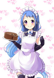 Rule 34 | 1girl, absurdres, alternate costume, alternate eye color, apron, bad id, bad pixiv id, black gloves, black sailor collar, black thighhighs, blue hair, blush, cake, chocolate cake, cowboy shot, dated, elbow gloves, enmaided, food, frilled apron, frills, gloves, heart, heart background, highres, holding, holding plate, kantai collection, long hair, looking at viewer, maid, maid headdress, minidraco, plate, sailor collar, samidare (kancolle), signature, solo, standing, straight hair, tareme, thighhighs, very long hair, white apron