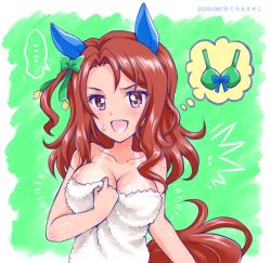 Rule 34 | ..., 1girl, ^^^, animal ears, bow, bra, breasts, brown hair, cleavage, commentary request, dated, ear covers, green background, green bra, hair bow, horse ears, horse girl, horse tail, king halo (umamusume), kuromori yako, large breasts, long hair, looking at viewer, naked towel, notice lines, open mouth, red eyes, smile, solo, spoken ellipsis, standing, sweatdrop, swept bangs, tail, tan, tanline, thought bubble, towel, umamusume, underwear, upper body, white towel