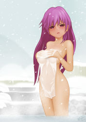 Rule 34 | 1girl, acerbi, covering privates, highres, long hair, nude, onsen, original, pink hair, red eyes, snow, solo, towel