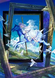 Rule 34 | 1girl, barefoot, bird, blue sky, book, bow, carousel, closed eyes, cloud, corset, day, dress, earth (planet), field, fuzichoco, gibbous moon, hairband, headdress, highres, holding, holding book, horizon, horse, landscape, leaning to the side, lolita fashion, lolita hairband, long hair, moon, mountain, mountainous horizon, nature, ocean, open book, original, painting (object), picture frame, planet, rural, scenery, sitting sideways, sky, solo, star (sky), starry sky, white bird, white bow, white dress, white hair, white headwear