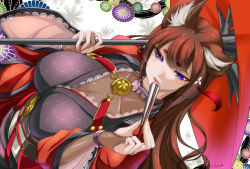 Rule 34 | 1girl, absurdres, amagi (azur lane), animal ears, azur lane, blunt bangs, blush, breasts, bridal gauntlets, brown gloves, brown hair, choker, cleavage, coat, collarbone, commentary request, eyes visible through hair, fox ears, gloves, hair ornament, half-closed eyes, hand fan, highres, holding, holding fan, holding umbrella, japanese clothes, kimono, large breasts, lips, long hair, long sleeves, looking at viewer, obi, oil-paper umbrella, open mouth, purple eyes, purple kimono, red coat, sash, short eyebrows, solo, thick eyebrows, toron (mino106), umbrella, wide sleeves
