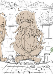 Rule 34 | 2girls, ahoge, board game, can, chinese commentary, commentary request, drinking, drinking straw, foliage, full body, girls&#039; frontline, hair between eyes, hair ribbon, hand on own knee, highres, indian style, jacket, juice box, leaf, long hair, looking down, multiple girls, one side up, partially colored, ribbon, shirt, shoes, short sleeves, sitting, socks, su xiao jei, thinking, ump45 (girls&#039; frontline), ump9 (girls&#039; frontline), wristband