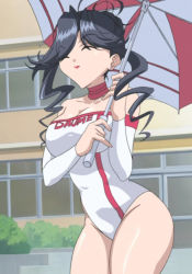 Rule 34 | 00s, 1girl, black hair, breasts, choker, cleavage, dears, drill hair, closed eyes, happy, large breasts, leotard, lipstick, makeup, outdoors, race queen, screencap, smile, solo, stitched, straight neck, teacher, third-party edit, umbrella, yoshimine mitsuka