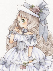 Rule 34 | 1girl, adjusting hair, beads, blue bow, blush, bow, brown hair, corset, dress, flower, green eyes, hair beads, hair ornament, hat, hat bow, hat feather, hat flower, highres, holding, holding flower, long hair, looking at viewer, original, painting (medium), ribbon, sakano machi, solo, standing, traditional media, very long hair, watercolor (medium), white dress