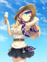 Rule 34 | 10s, 1girl, adapted costume, black skirt, blonde hair, blue eyes, blue hair, breasts, cleavage, commandant teste (kancolle), food, hat, holding, holding food, ice cream, kantai collection, long hair, medium breasts, monoku, multicolored hair, open mouth, plaid, plaid scarf, red hair, scarf, skirt, sleeveless, solo, standing, streaked hair, white hair