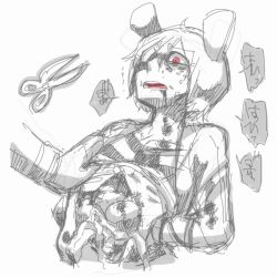 Rule 34 | animal ears, blood, gregory horror show, guro, intestines, jacket, mouse (animal), mouse ears, old, old man, open mouth, red eyes, scissors, solo focus, torture