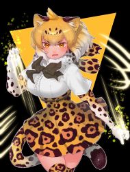 Rule 34 | 1girl, animal ear fluff, animal ears, animal print, black bow, black bowtie, blonde hair, bow, bowtie, brown hair, cowboy shot, elbow gloves, extra ears, fighting stance, floating hair, gloves, gradient hair, hand up, high-waist skirt, jaguar (kemono friends), jaguar ears, jaguar print, jaguar tail, kemono friends, looking at viewer, medium hair, miniskirt, motion lines, multicolored hair, notora, open mouth, orange eyes, outstretched arm, print bow, print bowtie, print gloves, print neckwear, print skirt, print thighhighs, scarf, serious, shirt, short sleeves, skindentation, skirt, solo, tail, thighhighs, walking, white hair, white shirt, zettai ryouiki