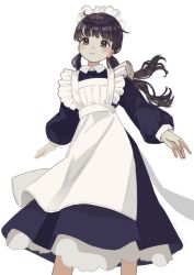 Rule 34 | 1girl, apron, black dress, black hair, blush, brown eyes, closed mouth, collared shirt, commentary request, dress, kashiwagi chisame, long hair, long sleeves, low twintails, maid, maid apron, maid headdress, original, puffy long sleeves, puffy sleeves, shirt, simple background, smile, solo, standing, twintails, very long hair, white apron, white background, white shirt