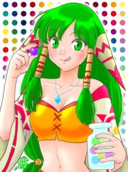 Rule 34 | 1girl, :p, breasts, collarbone, feena (grandia), grandia, grandia i, green eyes, green hair, hair ornament, hair tubes, highres, jewelry, long hair, midriff, navel, necklace, negitro!, smile, solo, tongue, tongue out